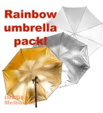 110cm / 43" Rainbow 3x umbrella pack : white, silver & gold black reflective & shoot thru umbrellas