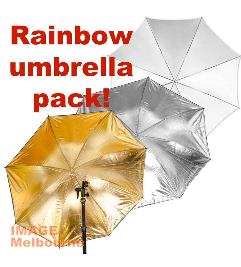 110cm / 43" Rainbow 3x umbrella pack : white, silver & gold black reflective & shoot thru umbrellas