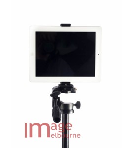 iPad tablet holder clamp with 1/4" threads for tripod mounting