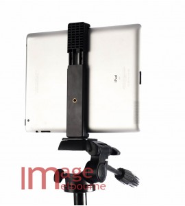 iPad tablet holder clamp with 1/4" threads for tripod mounting